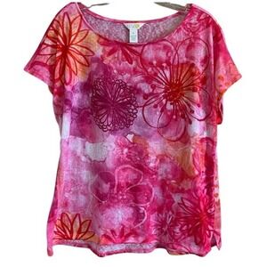 Art & Sol Women's Pink & Red Floral Print Short Sleeve Top Blouse XL